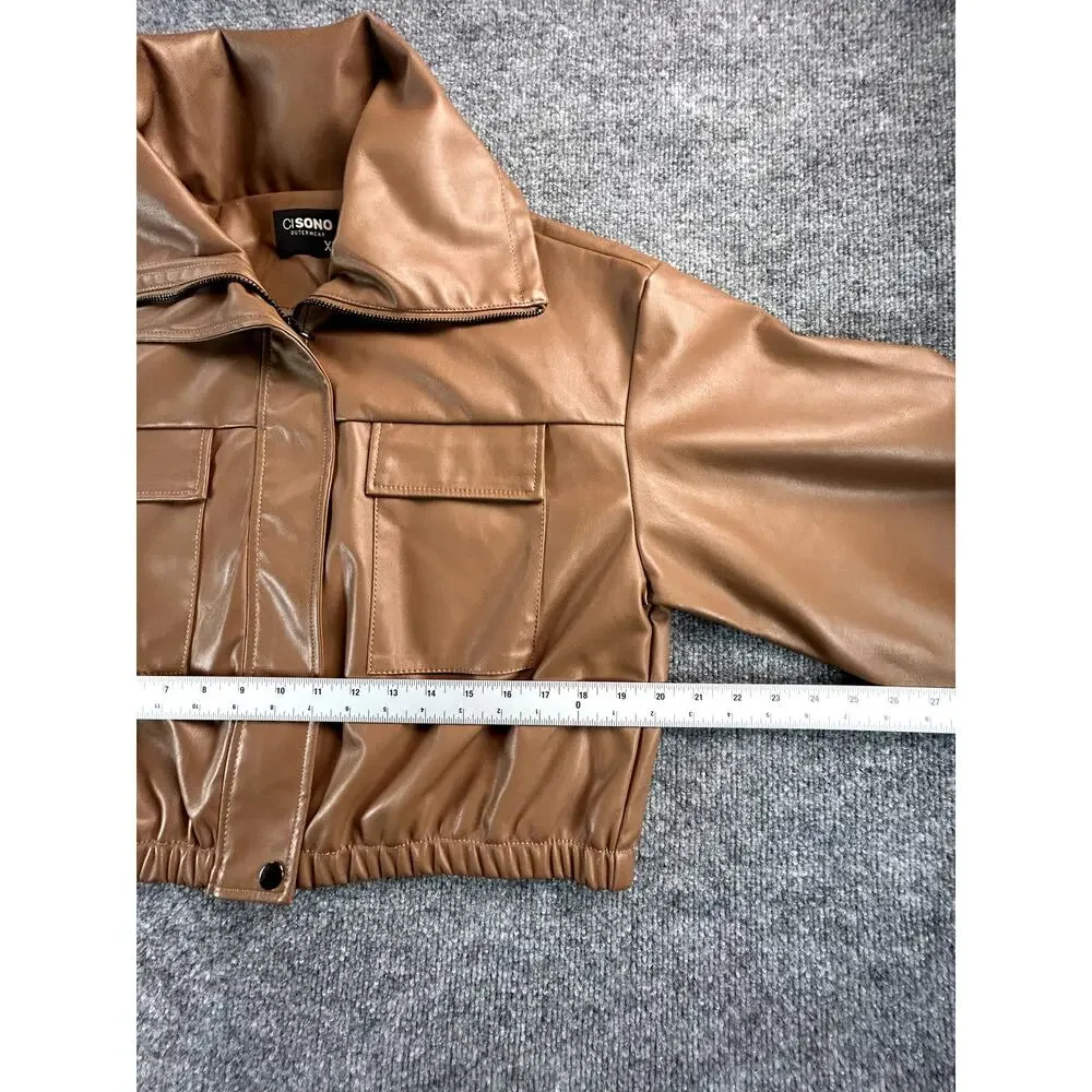 Cisono Women's XL Brown Faux Leather Cropped Jacket Balloon Sleeve Vegan Leather - Picture 6 of 9